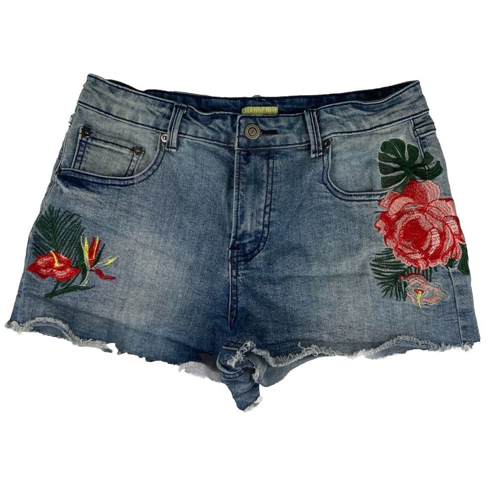 Gianni Bini Jean Shorts Womens Medium Shortie Cutoff Embroidered Floral